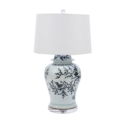 Indigo Porcelain Magpie On Treetop Temple Jar Lamp