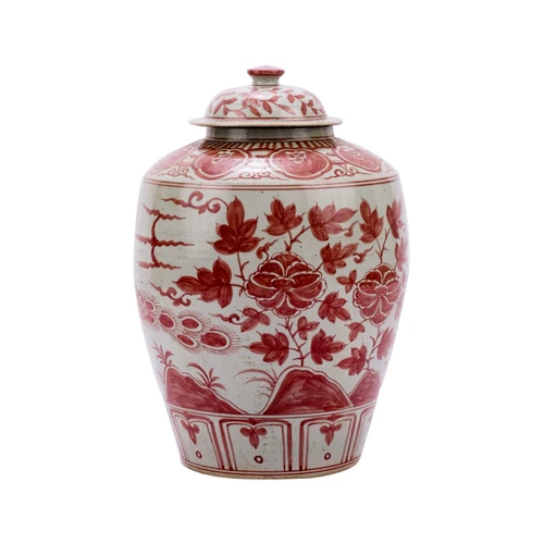 Coral Red Barn Porcelain Jar Bird Motif Large
