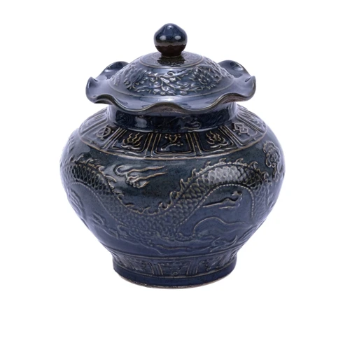 Carved Dragon Lotus Porcelain Jar Rust Charcoal
