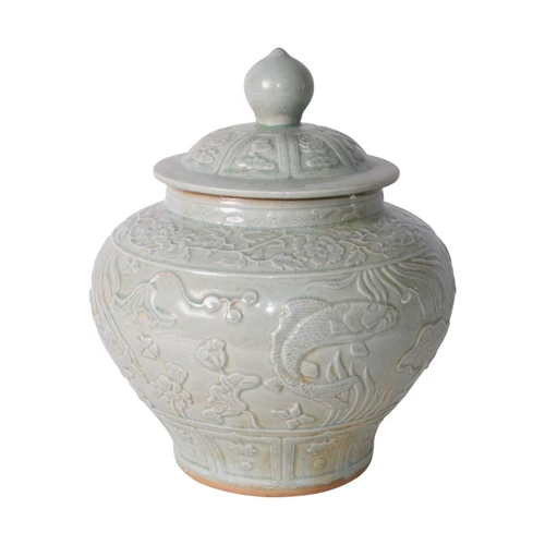 Sage Green Embossed Fish Porcelain Ginger Jar
