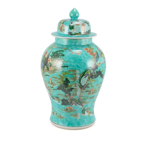 Chinoiserie Green Landscape Temple Jar