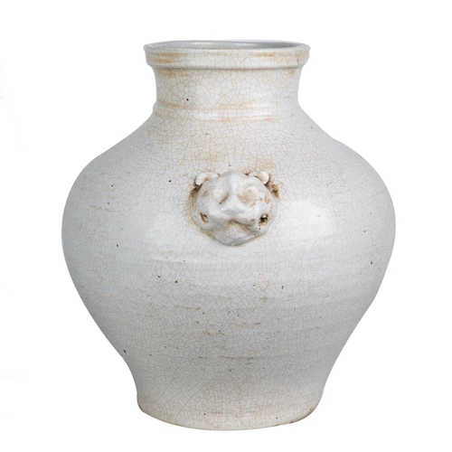 Double Lion Head Handle Jar White Crackle
