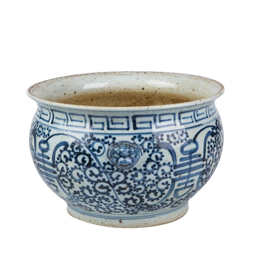 Blue And White Porcelain Curly Vine Longevity Bowl Planter