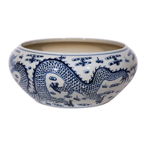 Blue And White Shallow Bowl Dragon Motif  Large