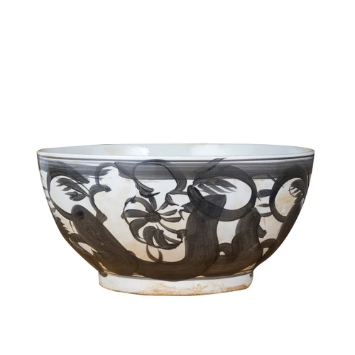 Black Porcelain Bowl Twisted Flower Motif