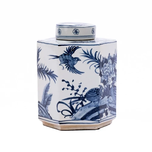 Blue & White Hexagonal  Flower Bird Tea Jar