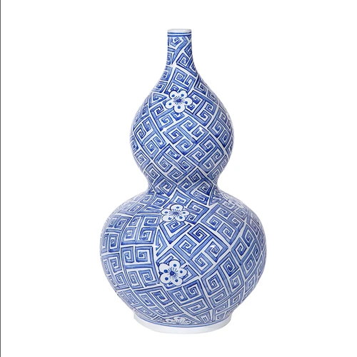 Blue & White Greek Key Gourd Vase - 2 Sizes