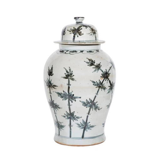 Indigo Porcelain Bamboo Motif Temple Jar