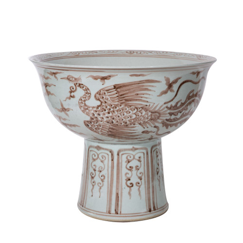 Maroon Red Pheonix Mortif Serving Bowl Tall Base