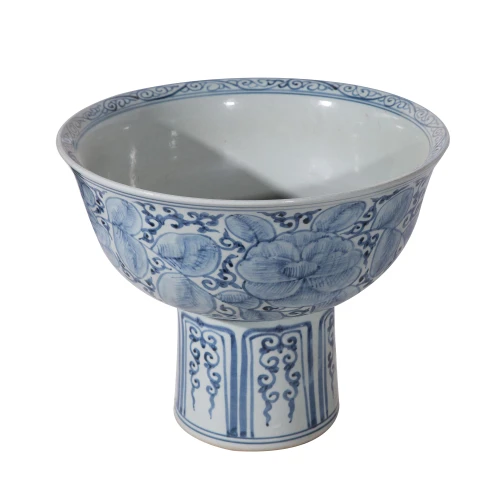 Blue And White Peony Mortif Serving Bowl Tall Base