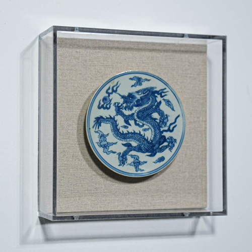 Handpainted Blue & White Porcelain Coaster Dragon - Acrylic Shadow Box /S59