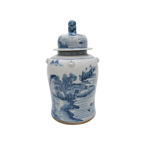 Barclay Butera Couture Blue & White Porcelain Temple Jar Small - Countryside Landscape