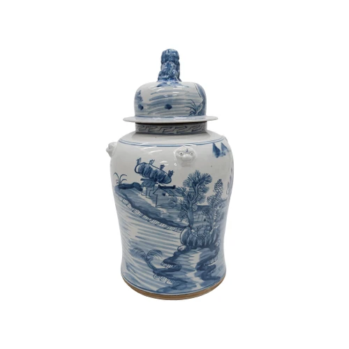 Barclay Butera Couture Blue & White Porcelain Temple Jar Small - Countryside Landscape
