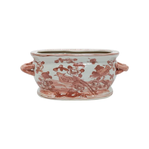 Lillian August Porcelain Footbath Planter Coral Red Flower Birds Motif
