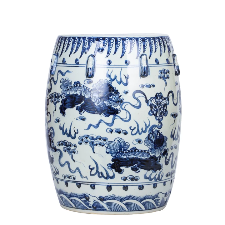Blue And White Porcelain Garden Stool Lion Motif
