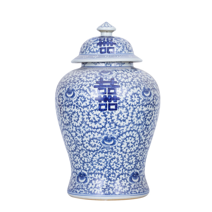 Blue And White Porcelain Double Happiness Floral Temple Jar - 2 Sizes