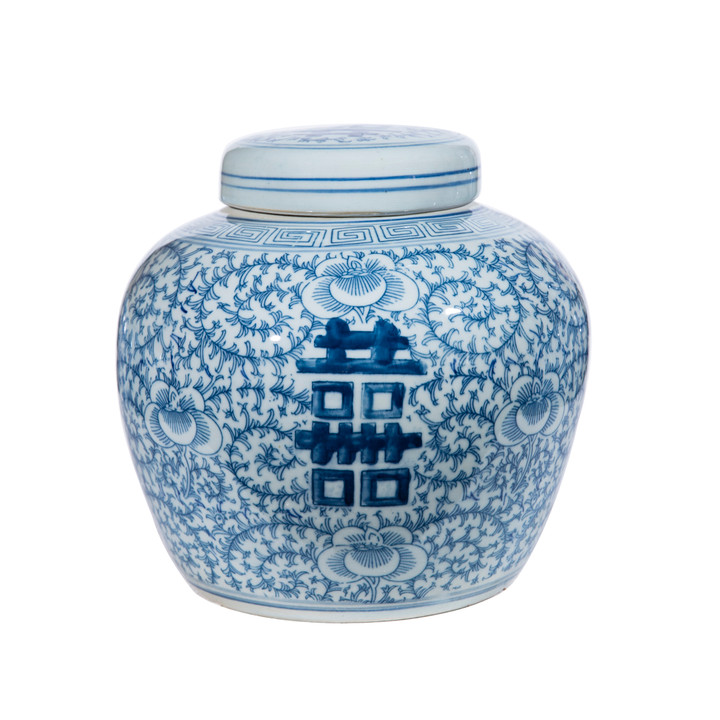 Blue & White Double Happiness Floral Lidded Jar
