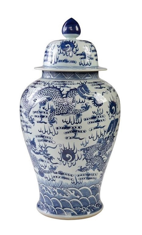 Blue & White Temple Jar Sea Dragon Motif - L