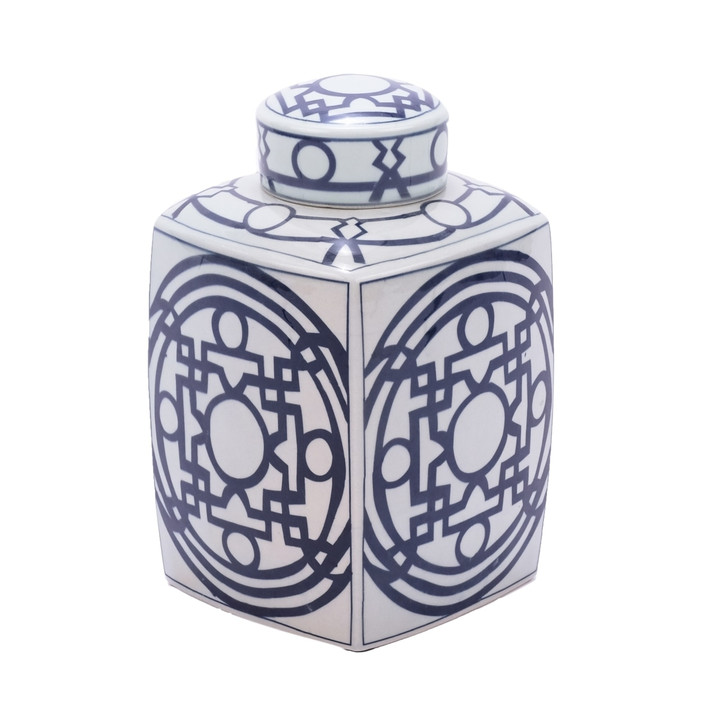Blue & White Square Tea Jar With Pattern of Lines - Large
