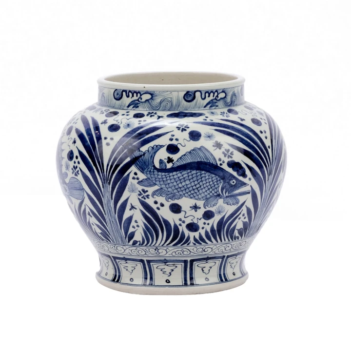 Blue & White Open Top Fish Jar