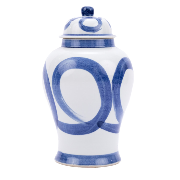 Blue And White Porcelain Brushstroke Swirl Circle Temple Jar - 2 Sizes