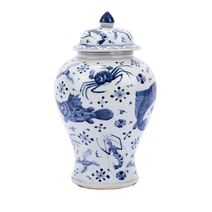 Blue & White Porcelain Fish Shrimp & Crab Ginger Jar