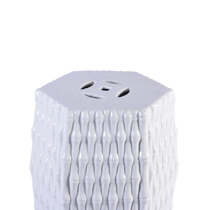 White Hex Porcelain Garden Stool Bamboo Carving