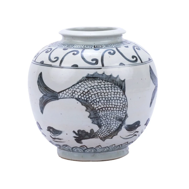 Indigo Yuan Fish Open Top Porcelain Jar