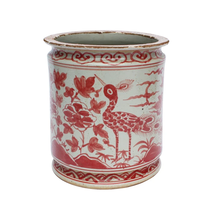 Underglaze Red Orchid Pot Bird Motif