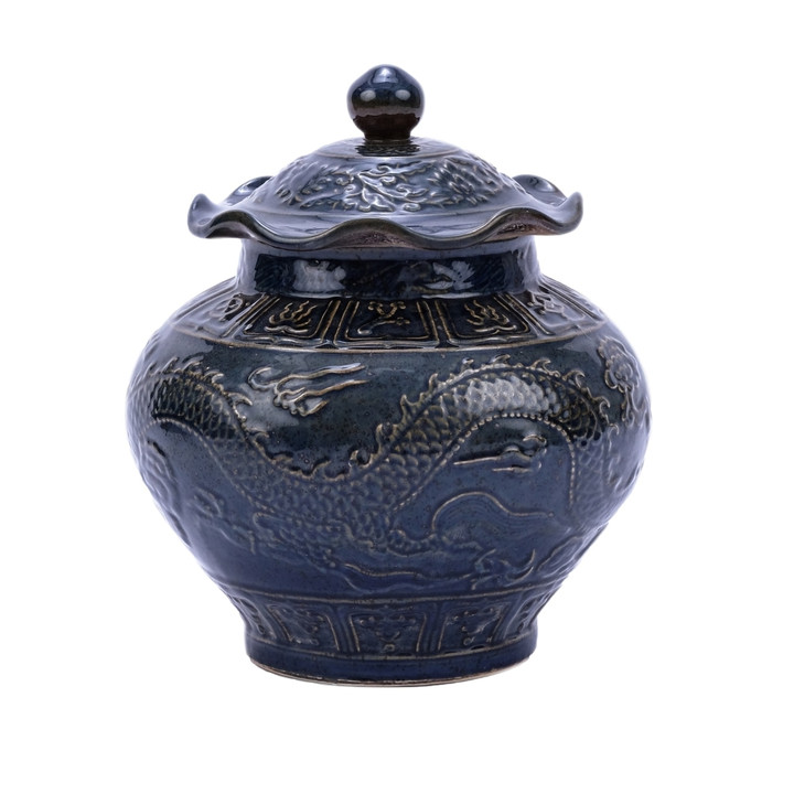 Carved Dragon Lotus Porcelain Jar Rust Charcoal