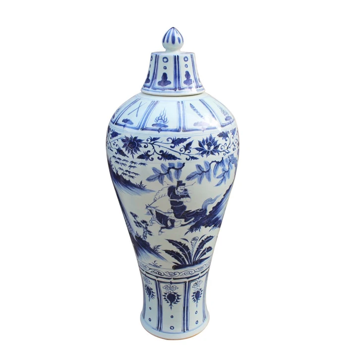 Blue & White Lidded Plum Porcelain Vase Warrior Riding Horse