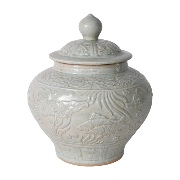 Sage Green Embossed Fish Porcelain Ginger Jar