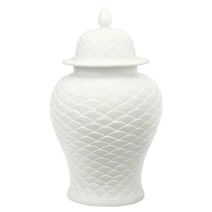 White Carved Seawave Temple Jar