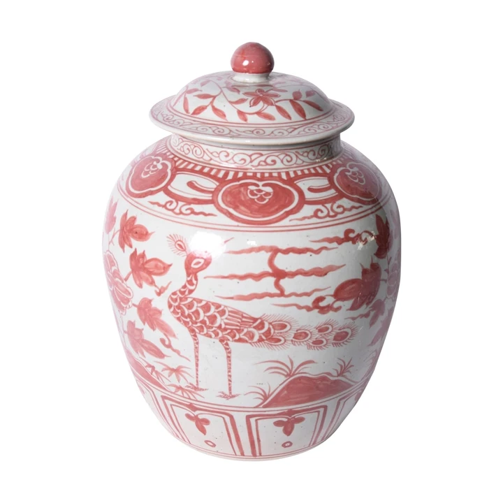 Coral Red Barn Jar Bird Motif