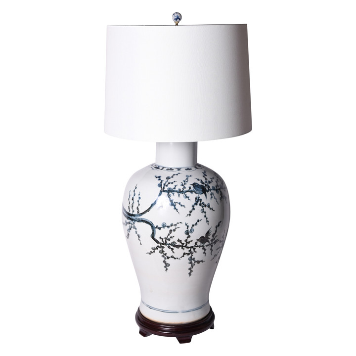 Indigo Porcelain Baluster Vase Magpie On Treetop Lamp Wooden Base