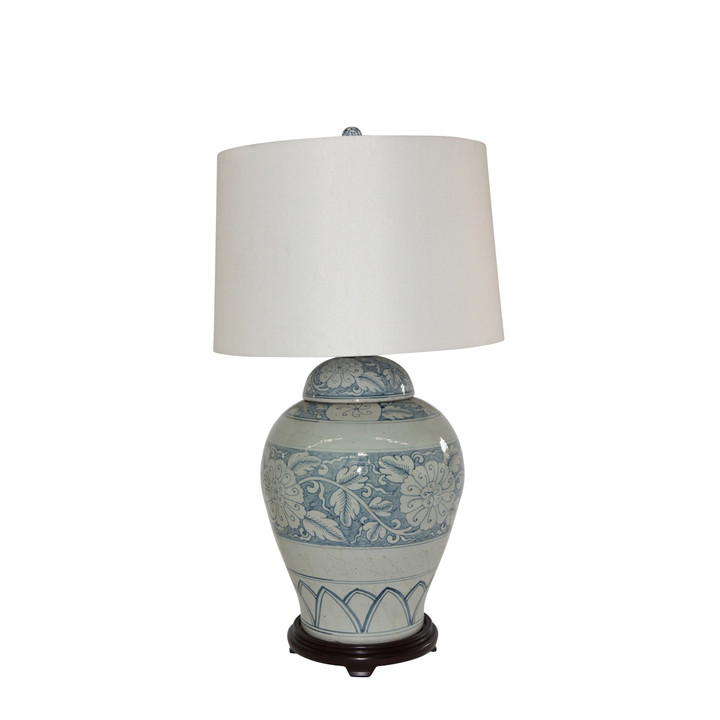 Blue And White Porcelain Lidded Peony Jar Lamp Wood Base