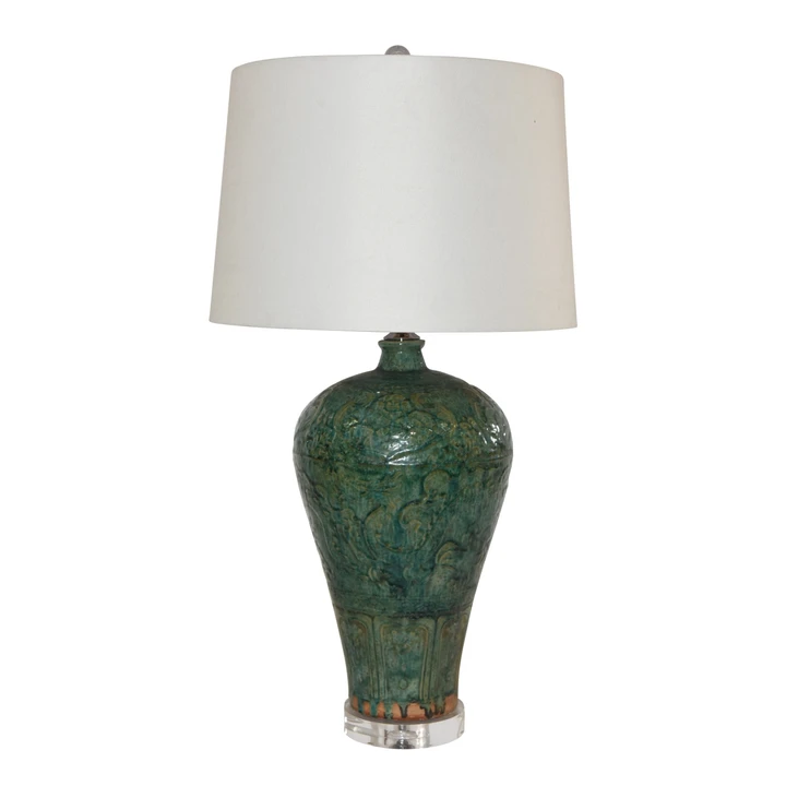 Speckled Green Carved Dragon Plum Vase Lamp