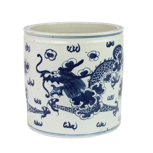 Blue And White Orchid Pot Dragon Motif