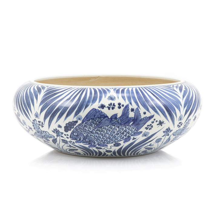 Blue And White Shallow Bowl Fish Motif