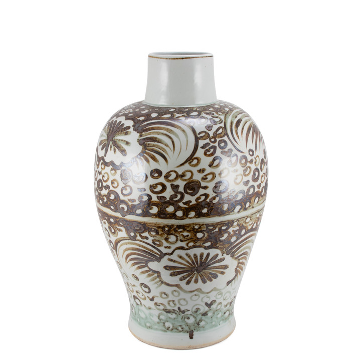 Rusty Brown Baluster Vase Sea Flower Motif