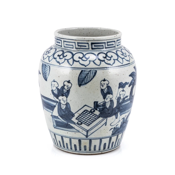 Blue And White Open Top Jar Kids Playing Chess