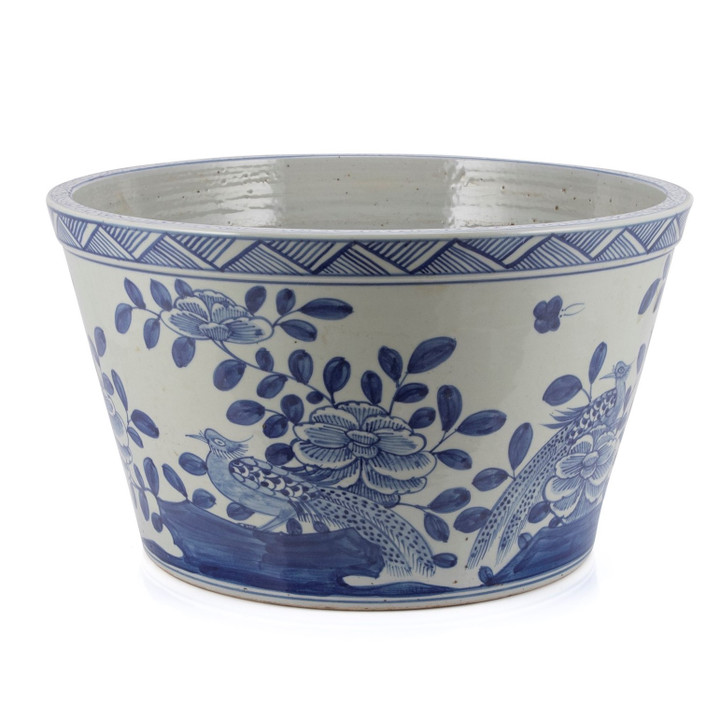 Blue And White Basin Planter Flower Bird Motif