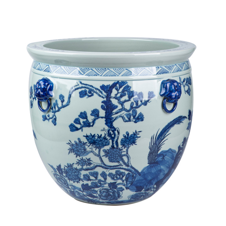 Blue And White Porcelain Magnolia Pheasant Planter Lion Handle - 2 Sizes