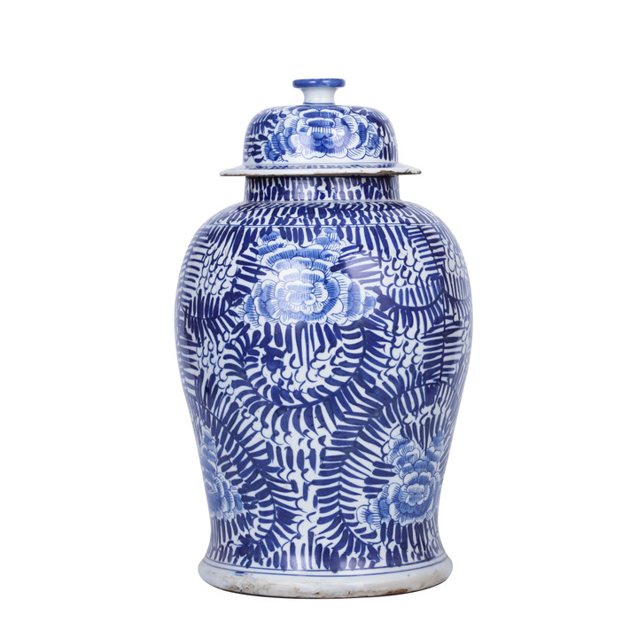 Blue And White  Rustic Peony Vine Temple Jar