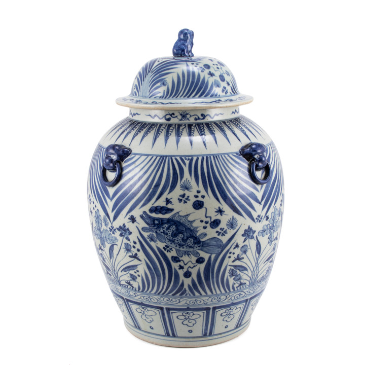 Blue And White Porcelain Village Fish Lidded Jar With Foo Dog Handles