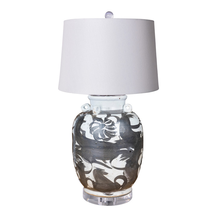 Black and White Four Loop Handle Porcelain Jar Twisted Flower Motif Lamp