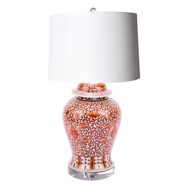 Coral Red Twisted Lotus Porcelain Temple Jar Table Lamp