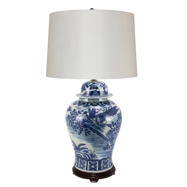 Blue And White Porcelain Landscape Temple Jar Lamp With Wood Base
