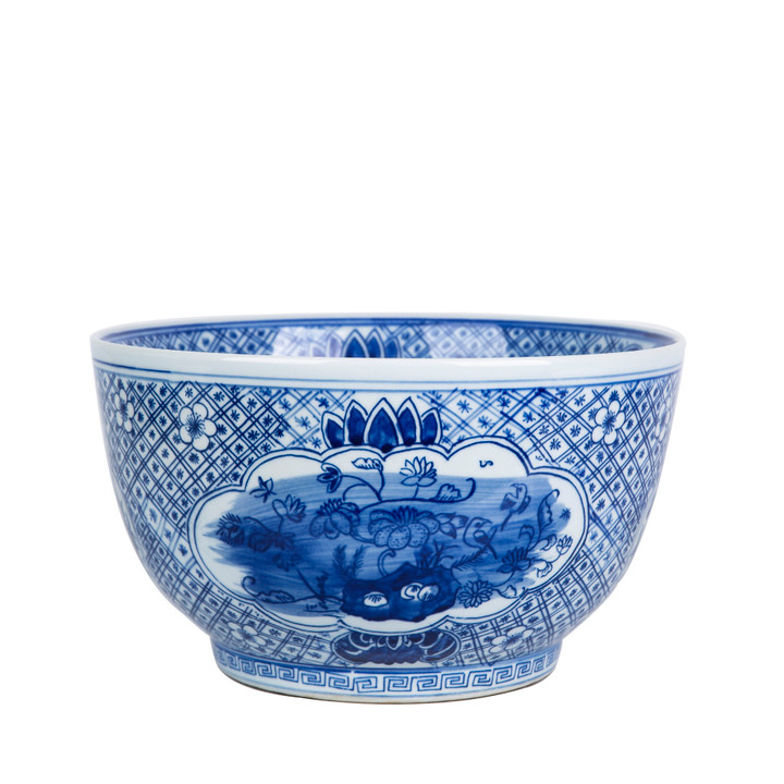 Blue And White Medallion Flower Bird Bowl