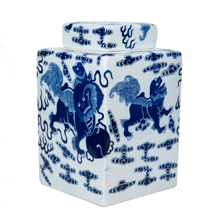 Blue & White Foo Dog Square Porcelain Tea Jar